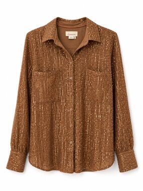 Anthropologie Sequin-Embellished Brown Button-Up Shirt